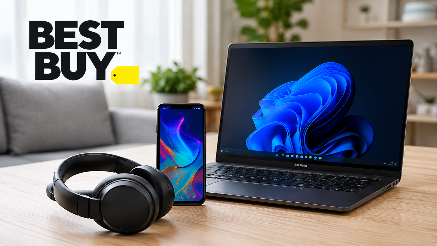 Laptop and headphones arranged on a desk for electronics shopping